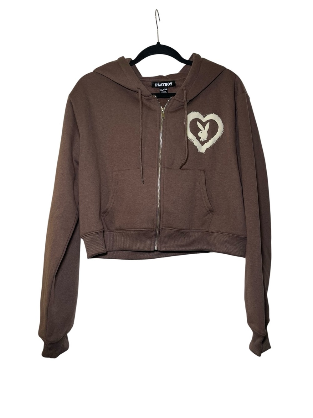 Playboy Brown Cotton/Polyester Blend Cropped Zip-Up Hoodie Jacket Size XL